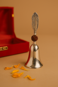 Brass Rudraksha Pooja Bell with Box, Silver Finish, Pack of 1, for House and Mandir Pooja