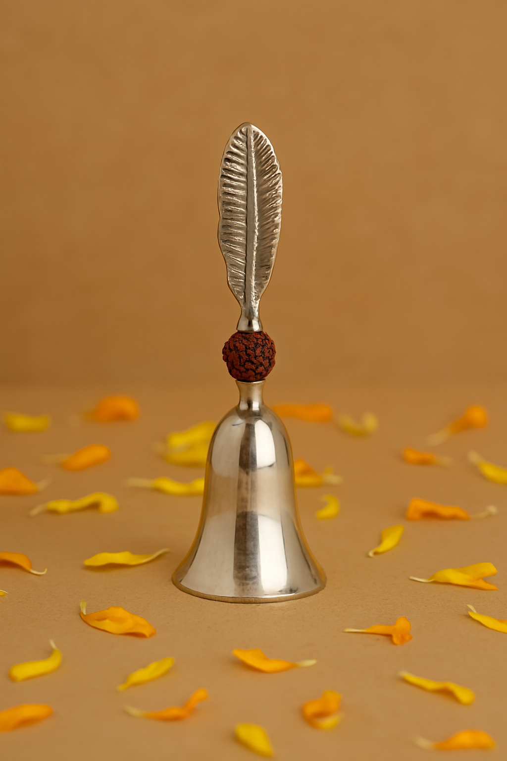 Brass Rudraksha Pooja Bell with Box, Silver Finish, Pack of 1, for House and Mandir Pooja