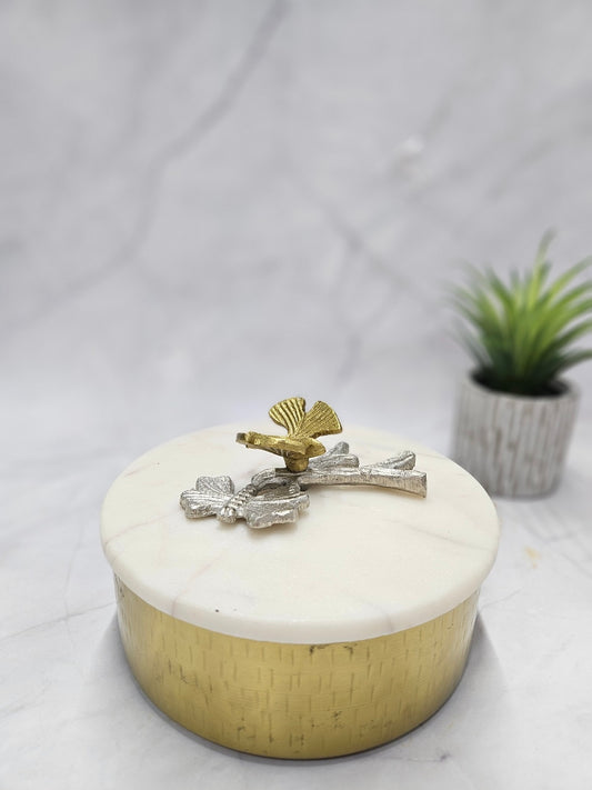 White Marble Lid with Brass Round Box