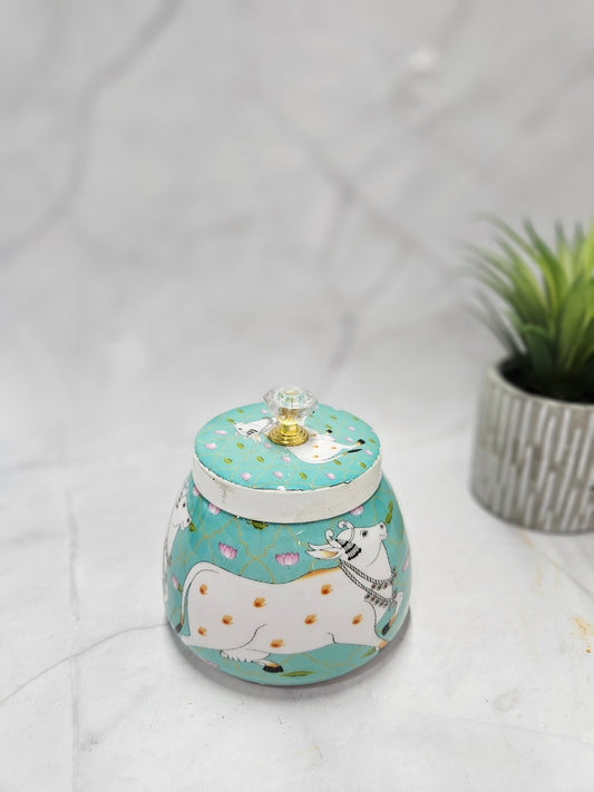 Mint Coloured Pichwai Jar with Crystal Lid