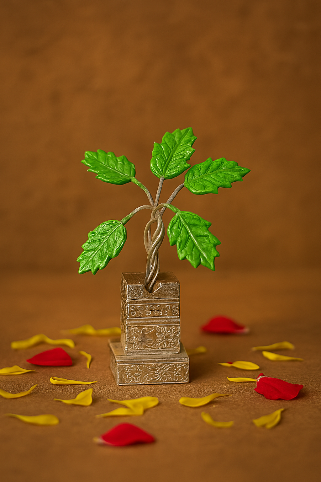 A decorative piece featuring an intricately designed metal stand with a small representation of a tulsi plant on top, surrounded by scattered flower petals and a lit Diya (Indian oil lamp) in the background.