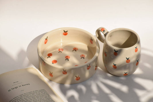 Peach breakfast set of mug & bowl - off white