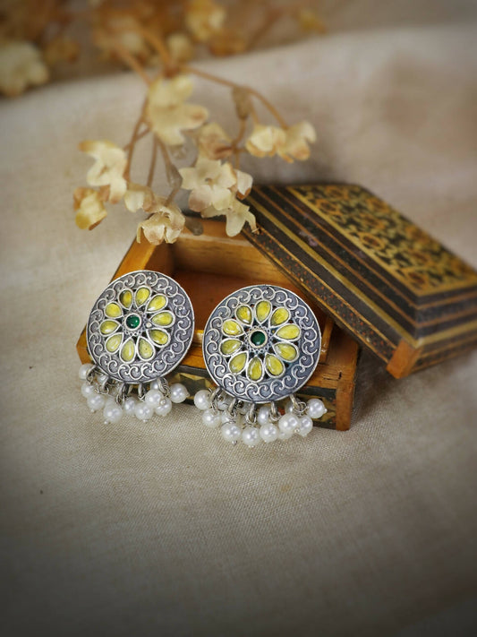 Handmade Brass Oxidized Silver look alike Dangler Earrings - BASANTAUTSAV