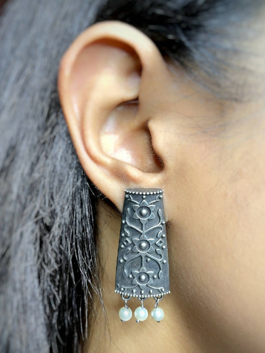 Handmade Brass Oxidized Silver look alike Dangler Earrings with Art Pearls -GULDASTA