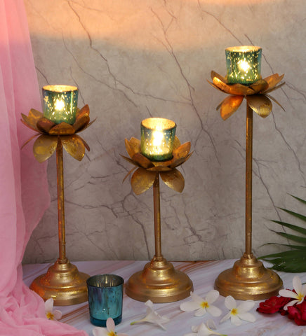 Three Layer Lotus With 4 Green Glass Votive Tealight Holder