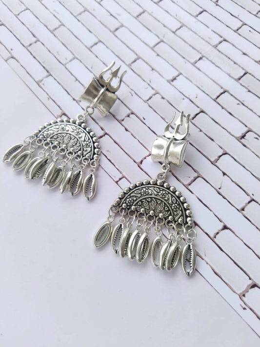 Rainvas Trishul damru silver oxidised earrings for women