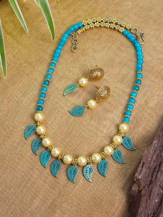 Handmade Brass silver oxidized silver look alike Daily wear Party wear necklace set with Golden Art Pearls and Onyx beads - NAHID