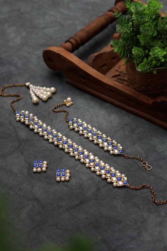 Kundan-Blue Stone Choker Necklace Set