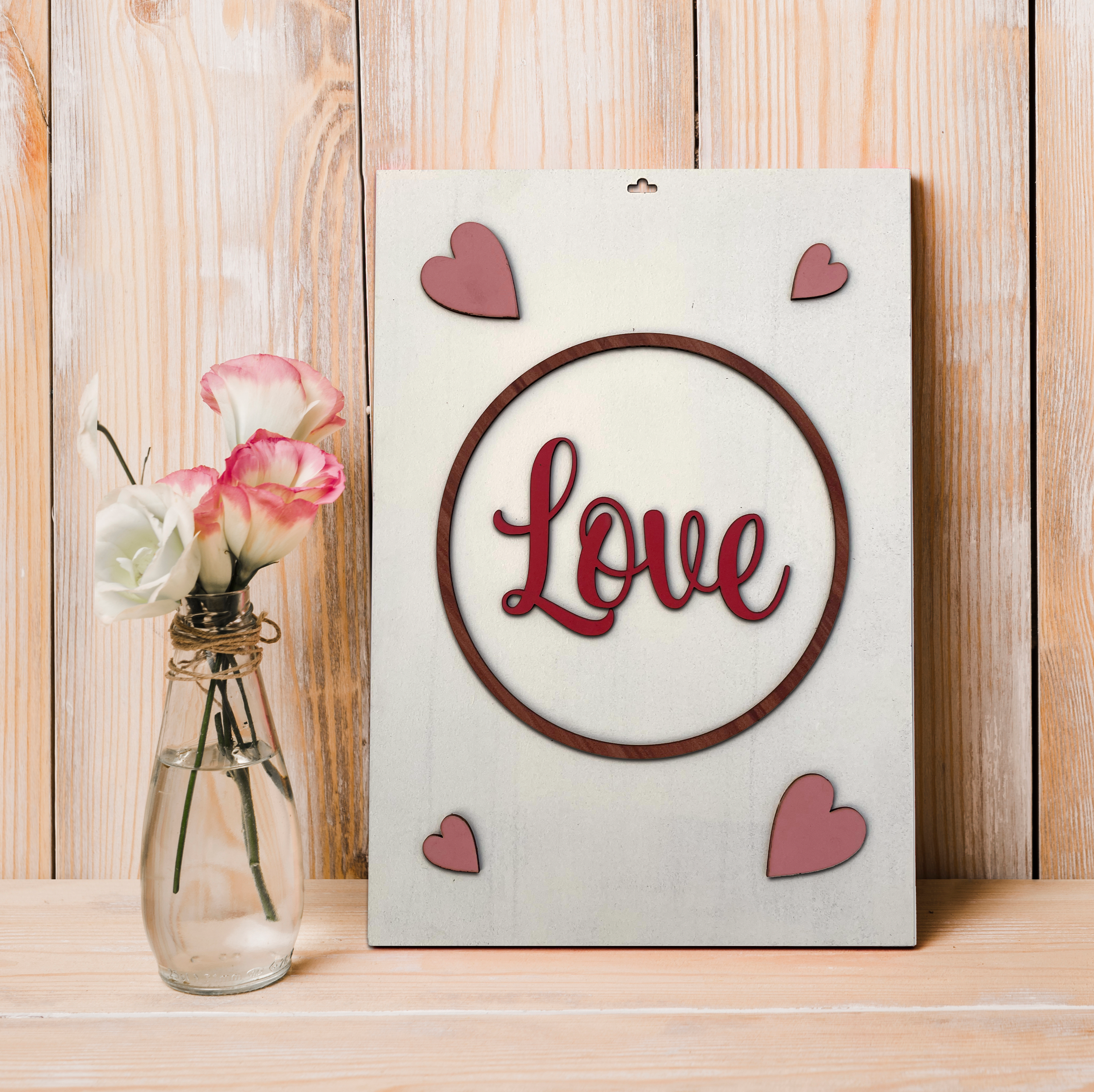 LOVE With Hearts Wooden Wall Art in Ivory & Pink