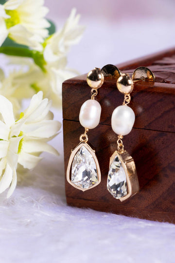 Zaariya- 2 Stone Swarovski Crystal Baroque Pearl Drop Earrings in Lt Gold Finish