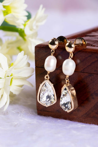 Zaariya- 2 Stone Swarovski Crystal Baroque Pearl Drop Earrings in Lt Gold Finish