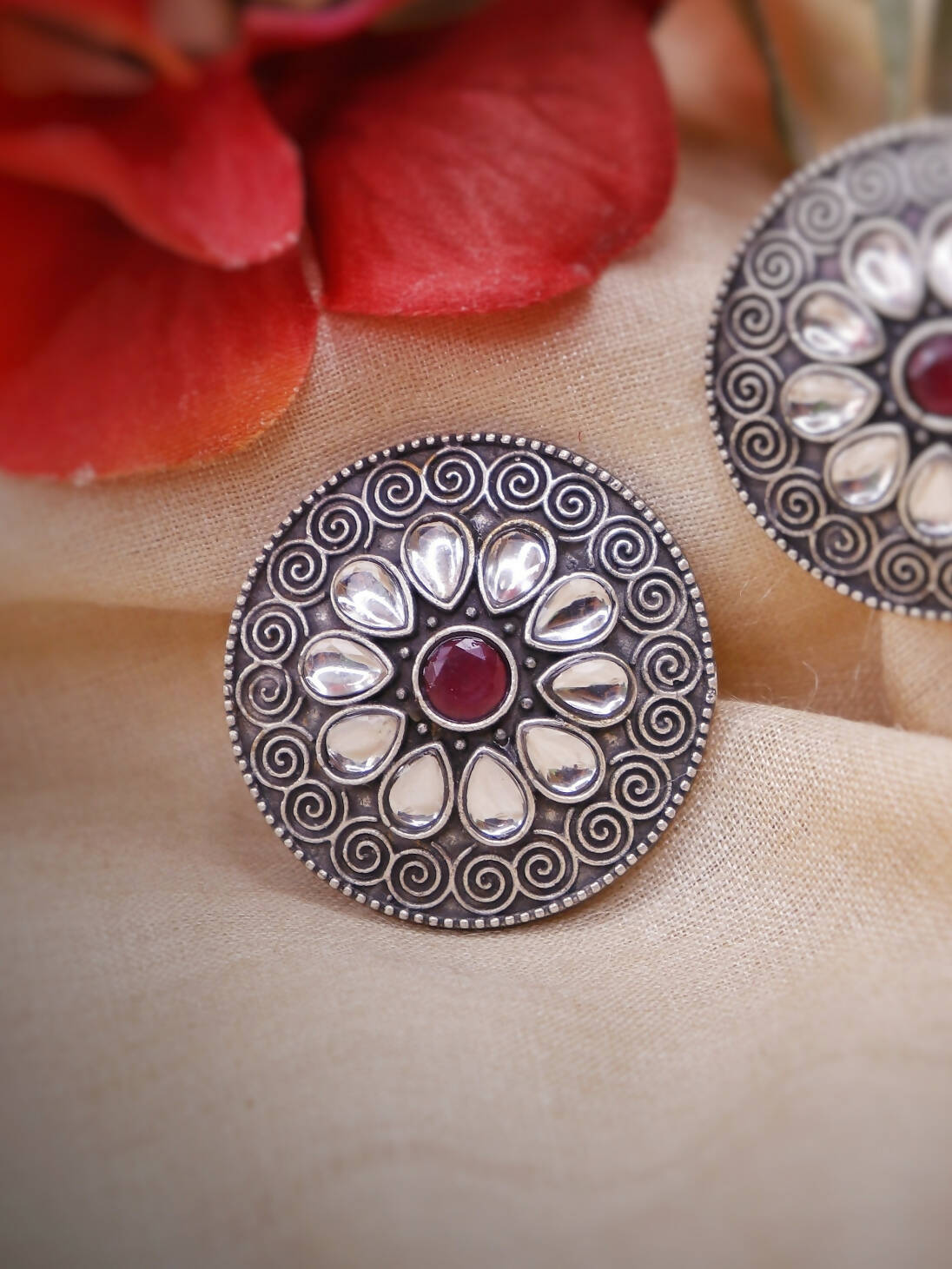 Handmade Brass Oxidized Silver look alike Party wear Stud Earrings with Red and White Art Stone -CHITRANGADA