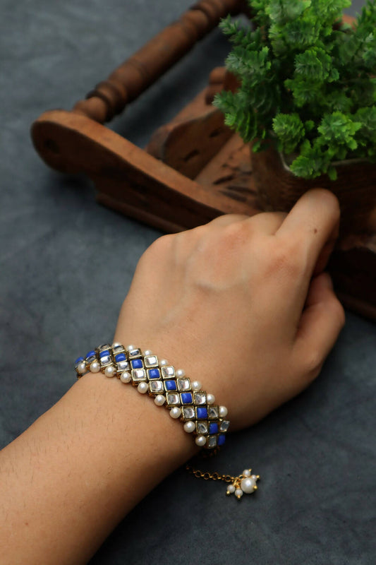 Kundan-Blue Stone Choker Necklace Set With Bracelet