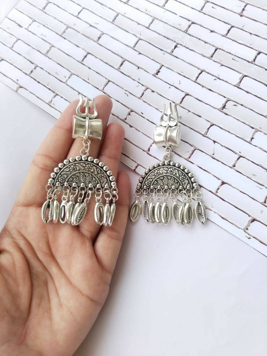 Rainvas Trishul damru silver oxidised earrings for women