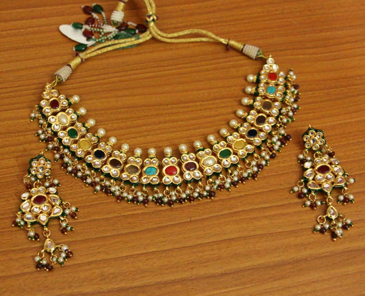 Navratan Gold Plated Kundan Meenakari Necklace Set