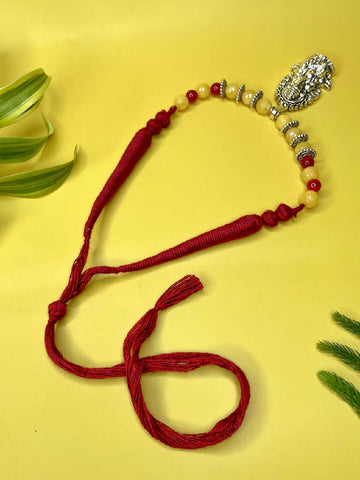 Handmade German Silver oxidized silver look alike Evening Dinner Casual Party Minimalistic necklace set with Yellow Glass beads & Maroon Tassel - AVANTIKA