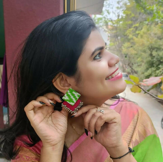 Rainvas Green and pink printed fabric earrings