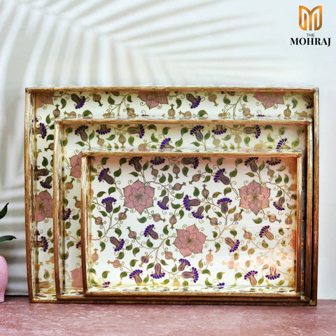 The Mohraj Beautiful Floral Trays with Curved Handles