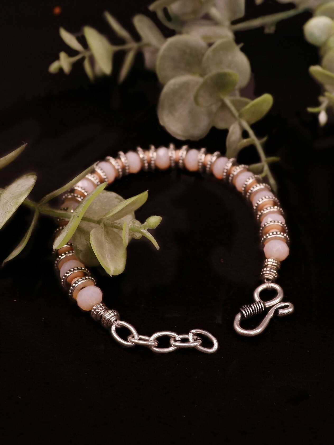 Handmade German silver oxidized silver look alike Office wear Bracelet with Light Pink and Peach Crystal Cut Beads - PRIYANKA