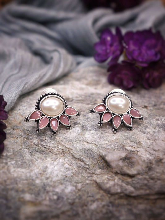 Handmade Brass Oxidized Silver look alike Everyday Casual Office Formal Evening Party Stud Earrings with art pearl and pink art stone -Saya