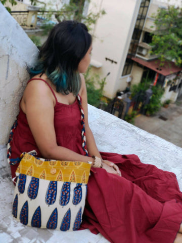Almitra Sustainables Blue & Off-white Hand Block Printed Braided Ethnic Sling Bags.