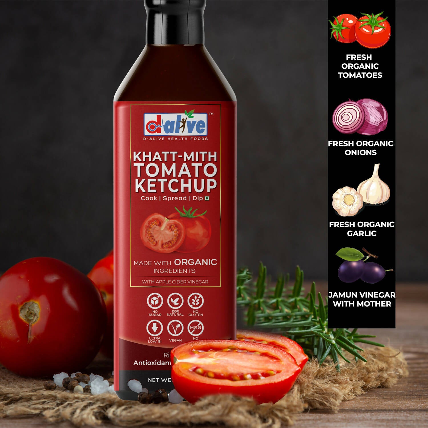 Khatt-Mith Tomato Ketchup (Organic, Sugar-Free, 100% Natural, Gluten-Free, Low Carb, Vegan, Diabetes & Keto Friendly) - 300 g
