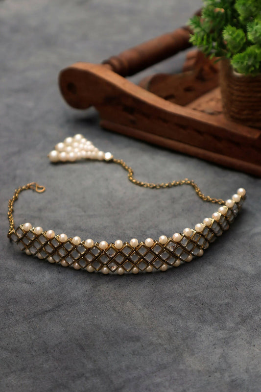 Kundan-Yellow Stone Choker Necklace Set With Bracelet