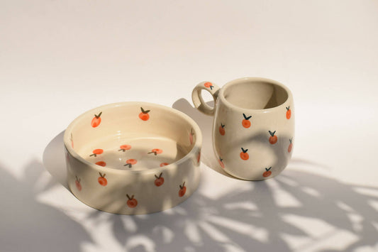 Peach breakfast set of mug & bowl - off white