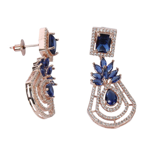 Handcrafted rose gold plated blue dangler american diamond earrings