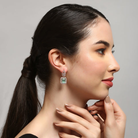 Green Rose Gold-Plated Geometric Stud American Diamond Earrings