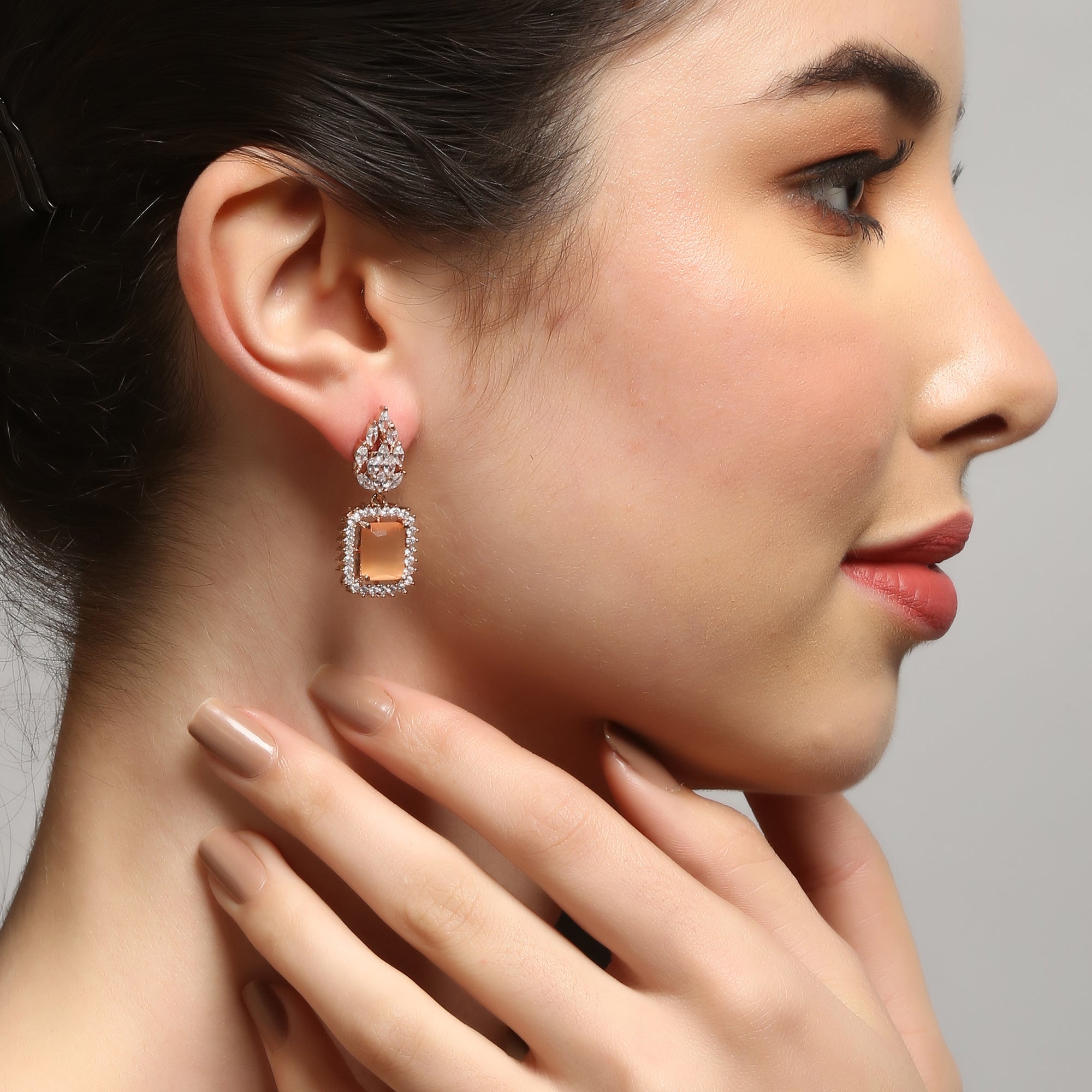 Peach & Rose Gold-Plated American diamond  stud Earrings