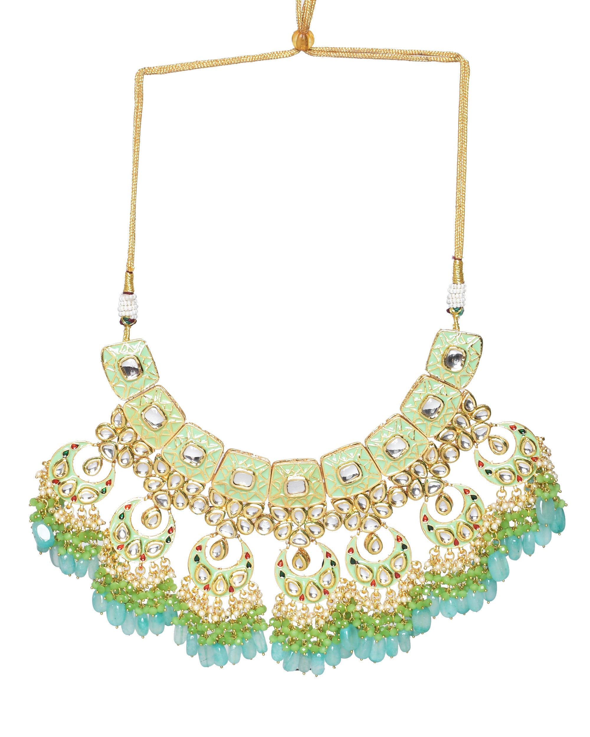 Green enameled Kundan Maharani Necklace and earrings with Maang Tikka