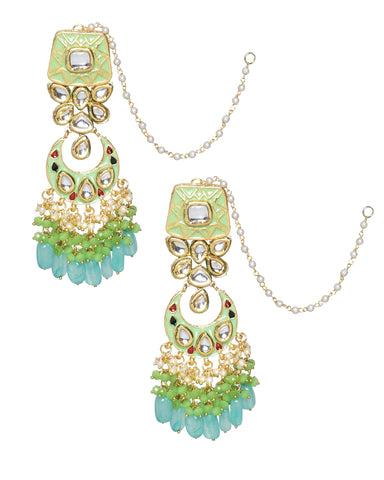 Green enameled Kundan Maharani Necklace and earrings with Maang Tikka