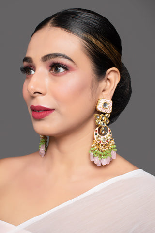 Gold toned Pink Green beaded Kundan studded & enamaled handcrafted earrings