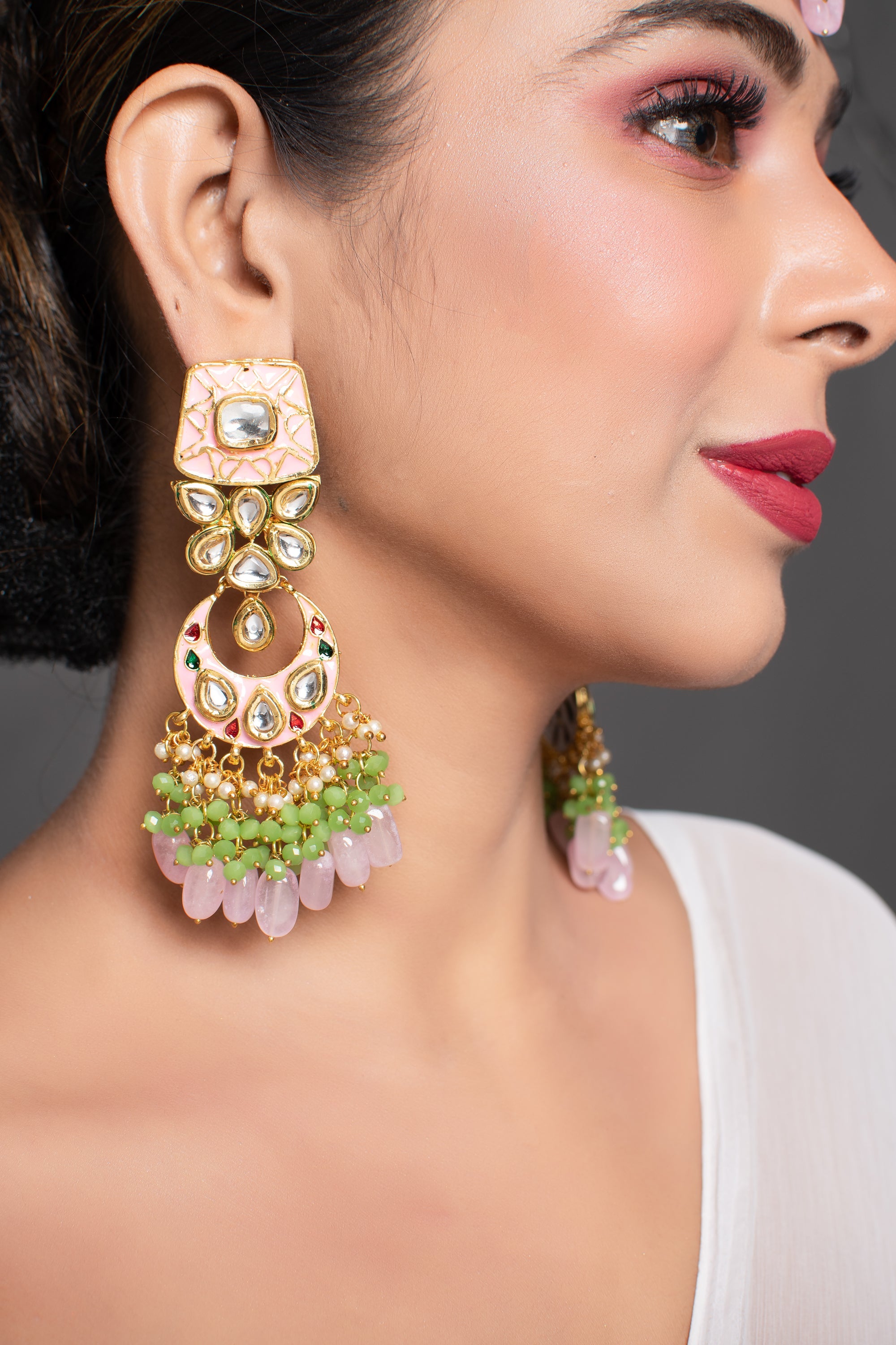 Gold toned Pink Green beaded Kundan studded & enamaled handcrafted earrings