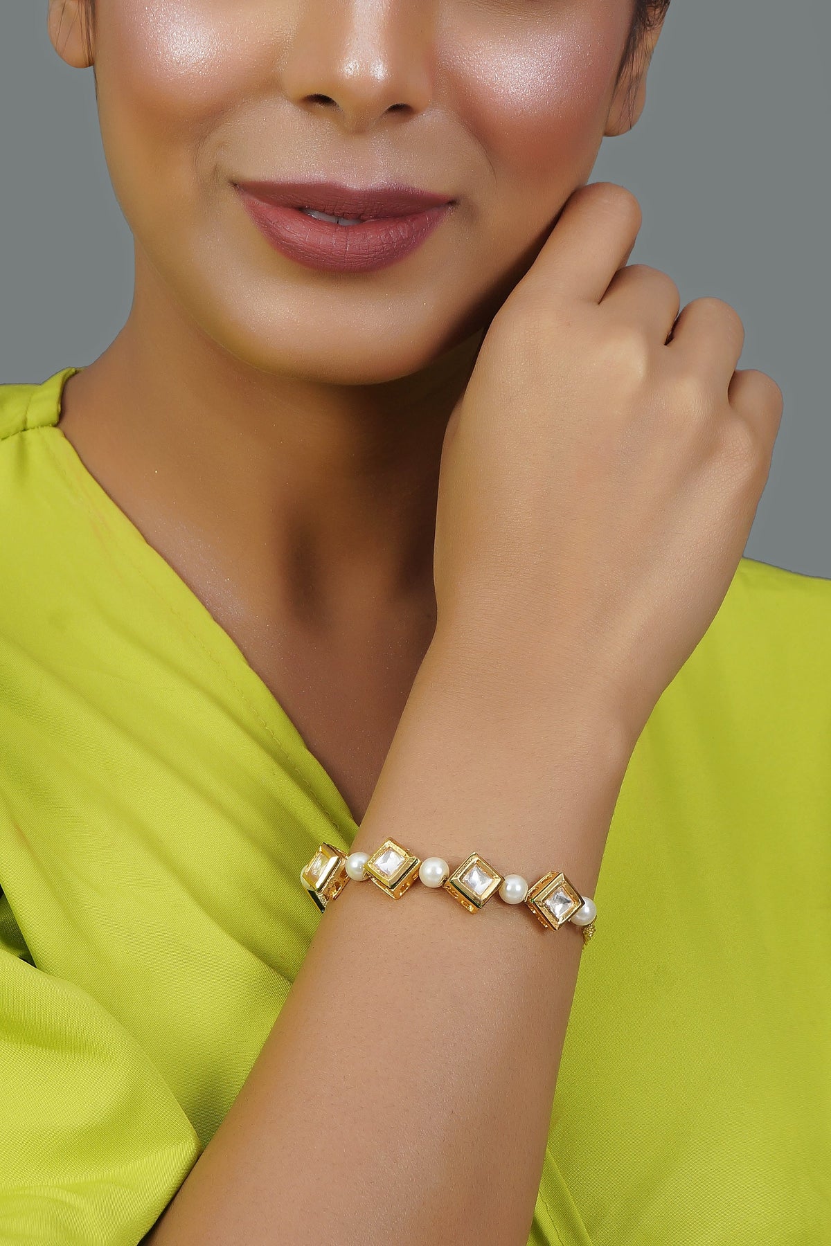 White Gold Tone Kundan Inspired Pearl Bracelet