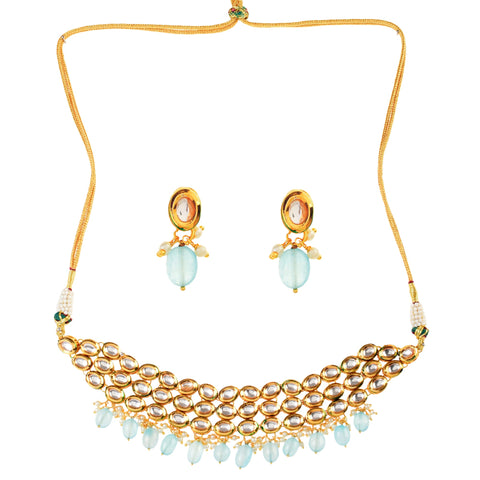 Blue Gold Tone Kundan Beaded Choker Necklace with earrings