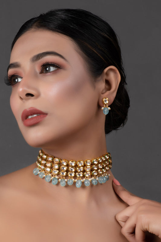 Blue Gold Tone Kundan Beaded Choker Necklace with earrings