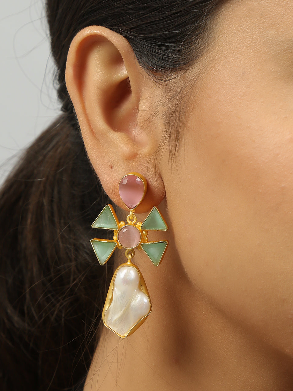 Pink Green Monalisa stone & baroque pearl earrings