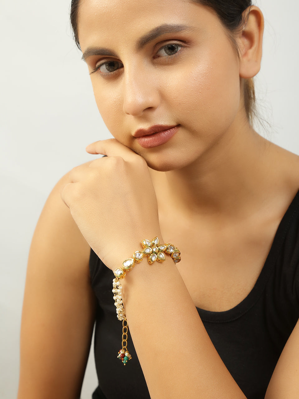 Floral Kundan Gold Tone bracelet with multicolor beads
