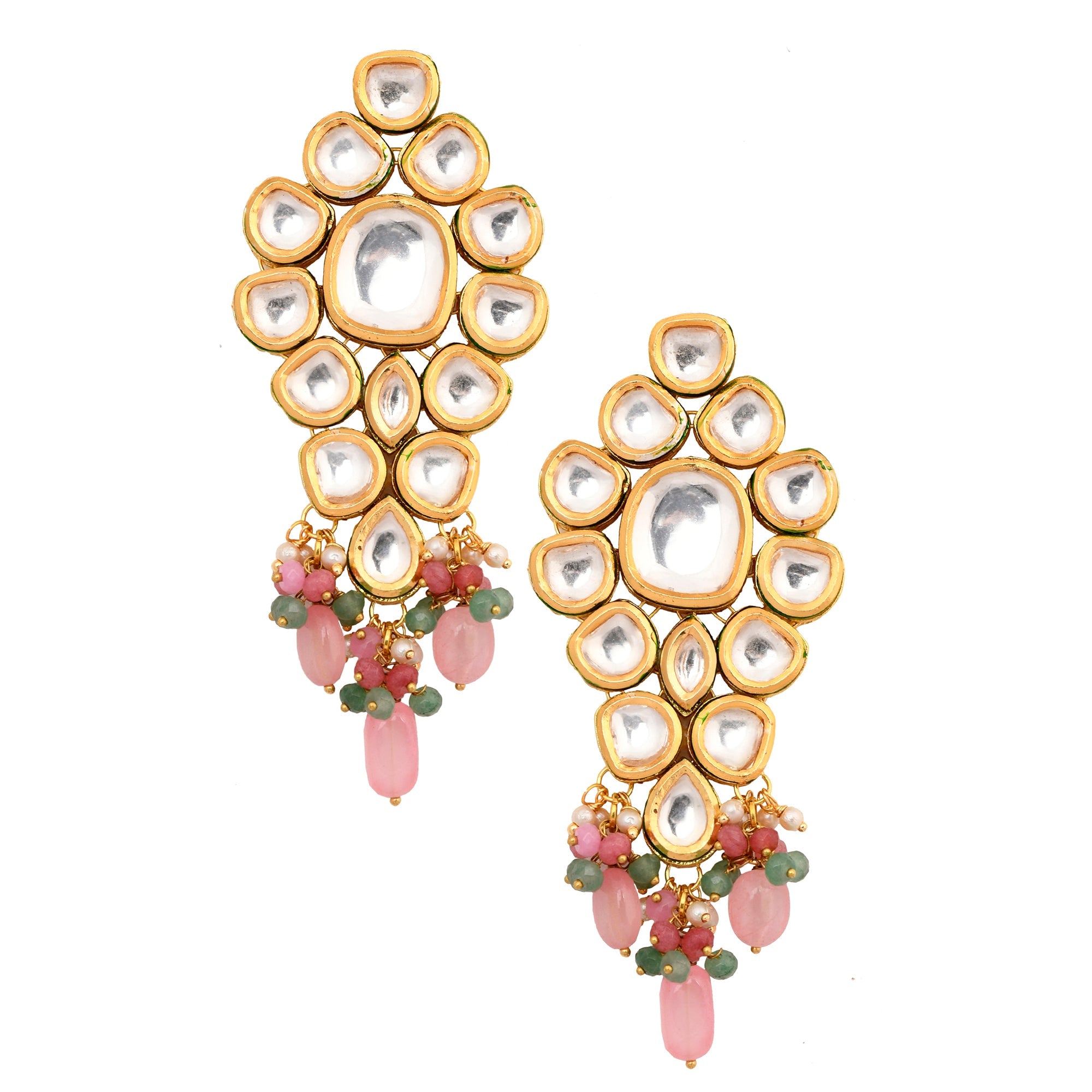 Classic Pink beaded Gold Tone Kundan Inspired Maang Tikka with Earrings