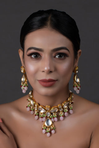 Handcrafted Kundan pastel beaded necklace with earrings