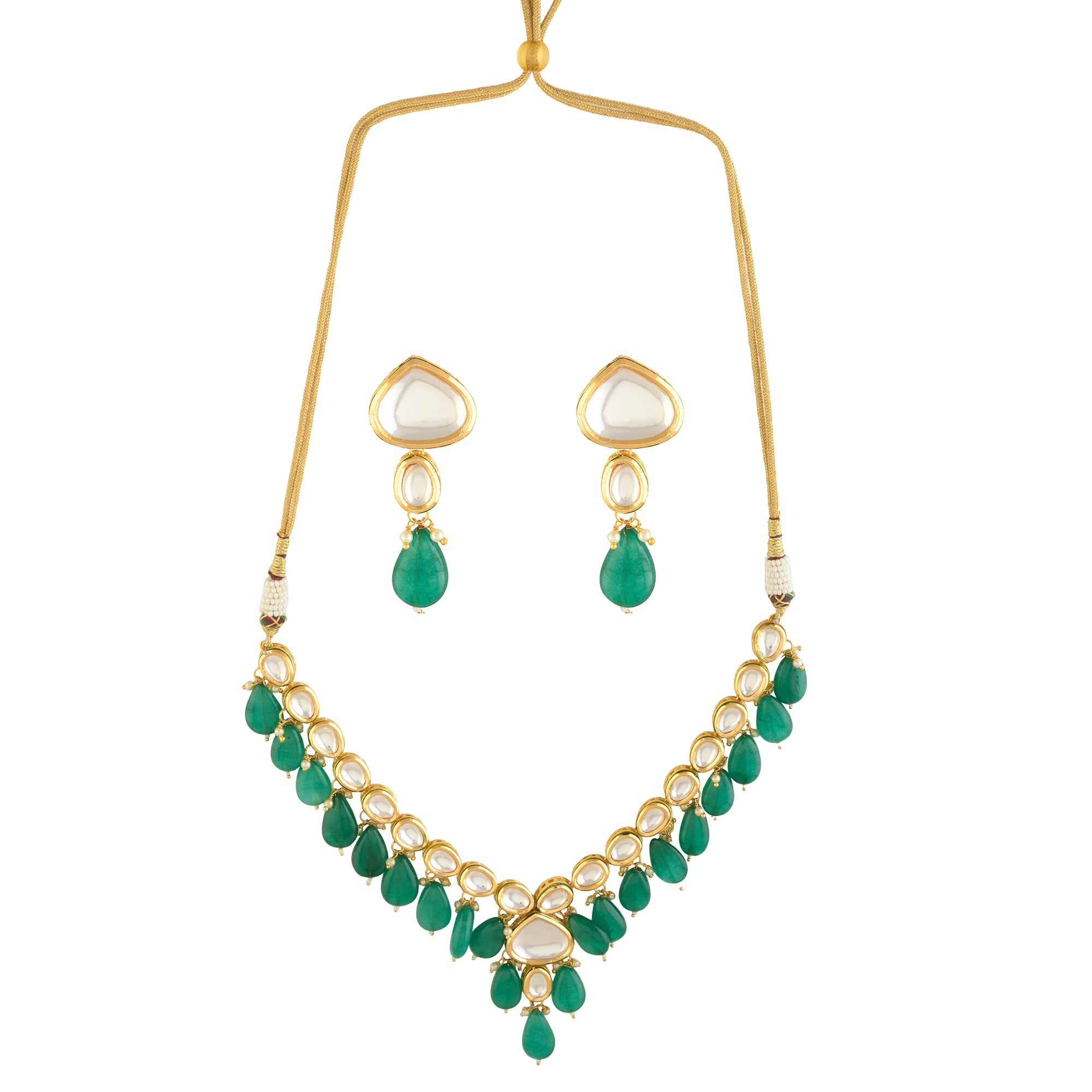 Emerald beaded Gold toned kundan inspired necklace with earrings