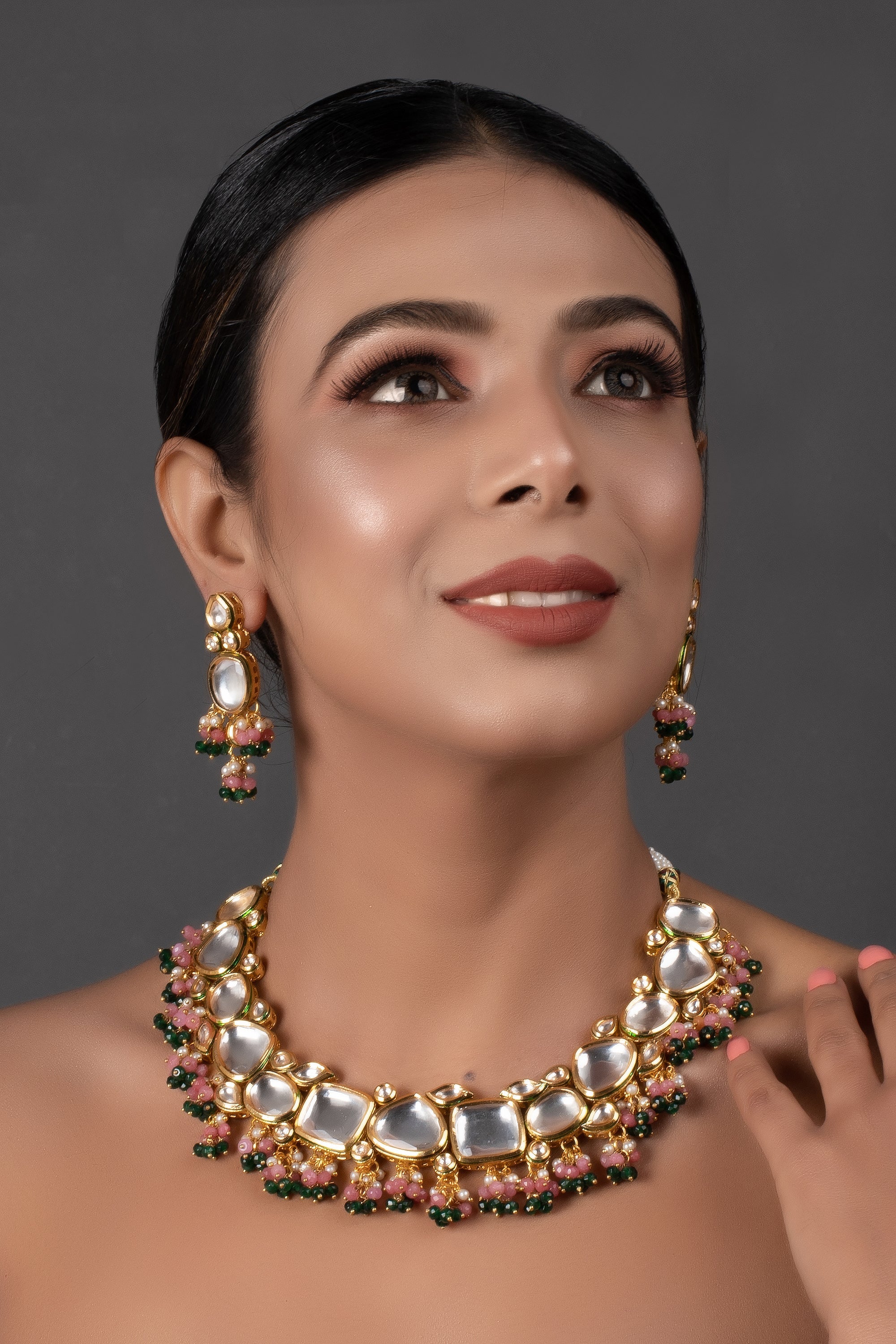 Pink Green Gold Tone Kundan Necklace with Earrings