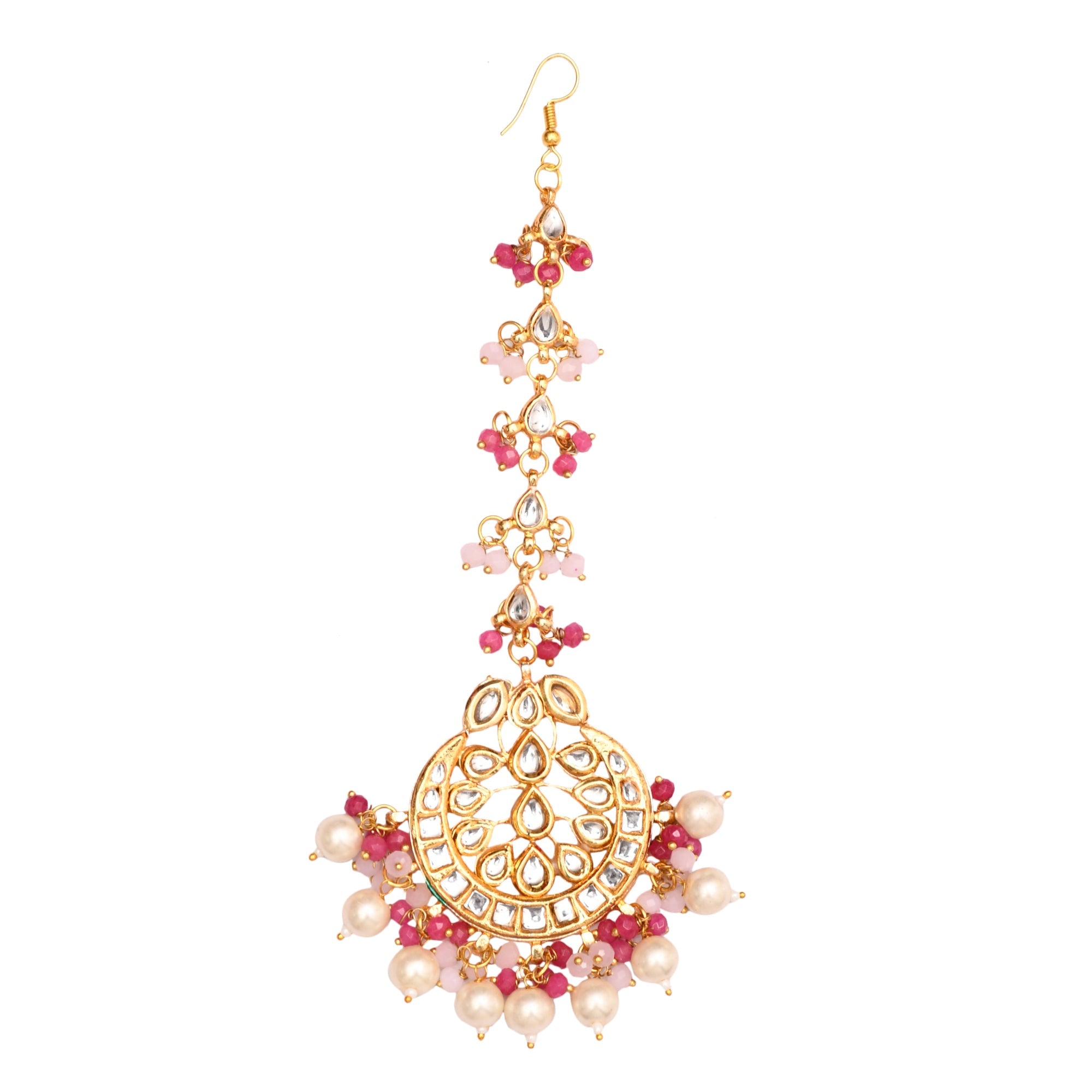 Pearl & Pink beaded Gold Tone Kundan Inspired Necklace with Earrings and Maang Tikka
