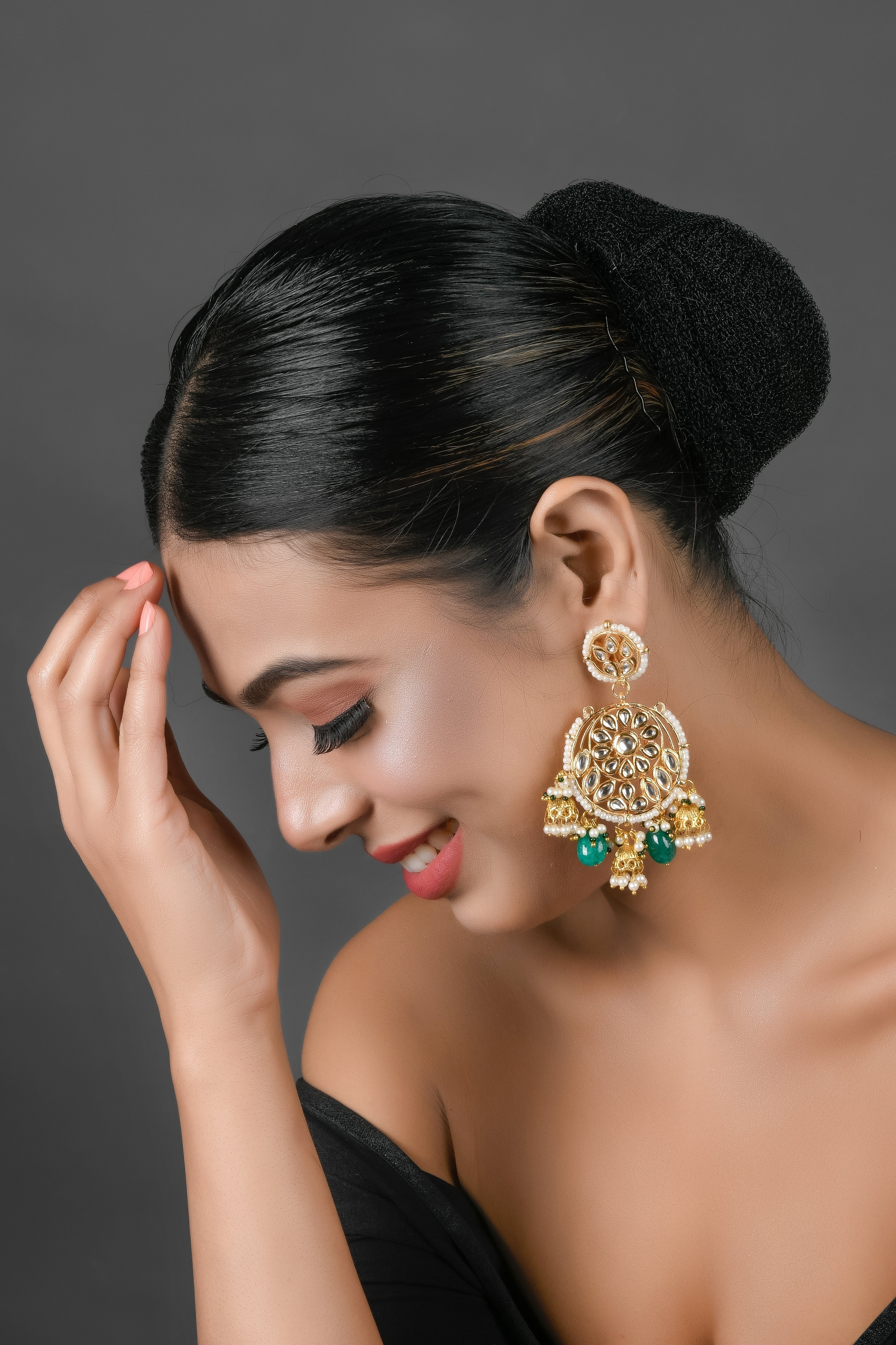 Floral Kundan earrings with hanging jhumki