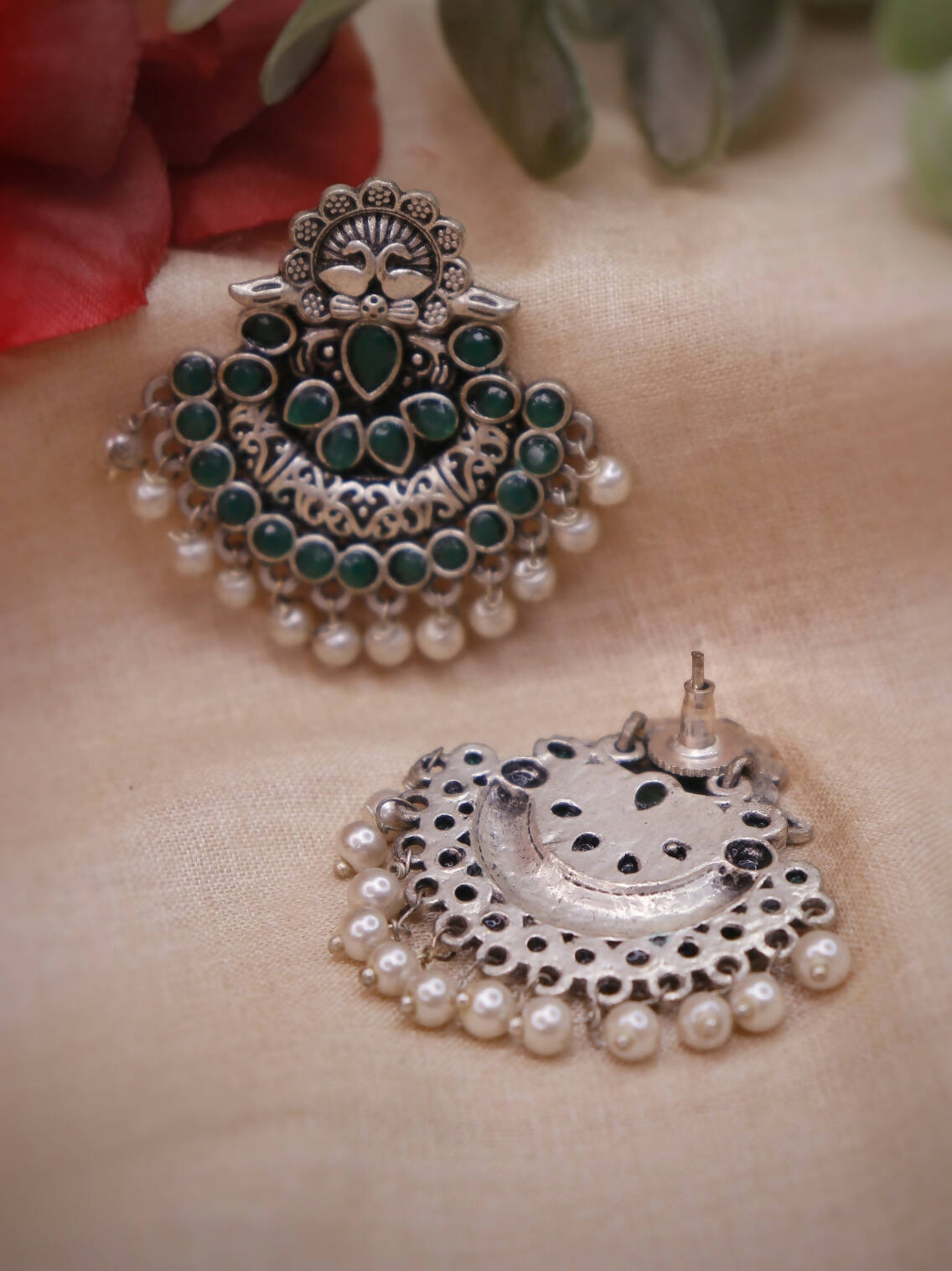 Handmade Brass Oxidized Silver Silver look alike Evening Dinner Casual Party Earring with green stones and Pearls-MOURNI