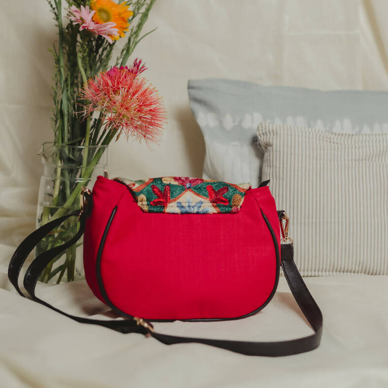 Sillica Red Chain Stitch Hand Embroidery Canvas Sling Bag