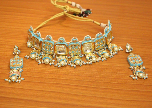 Turquoise Kundan Polki Choker Necklace Set