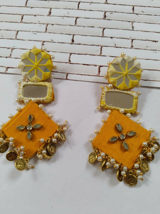 Rainvas Yellow mirror and coins fabric earrings for women